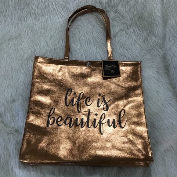arcadia beauty lab Handbags - Life is beautiful large bronze metallic tote bag